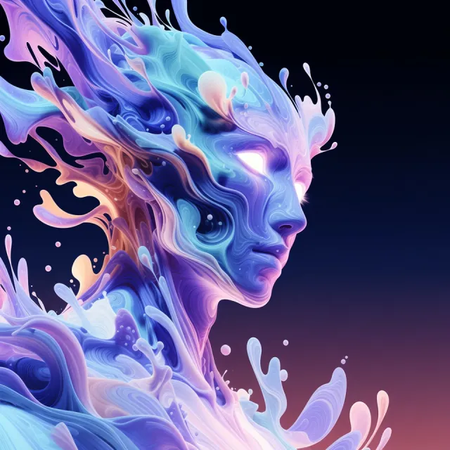 Stylized cosmic portrait of Frida, the team’s designer, with vivid liquid swirls and glowing eyes on a dark gradient