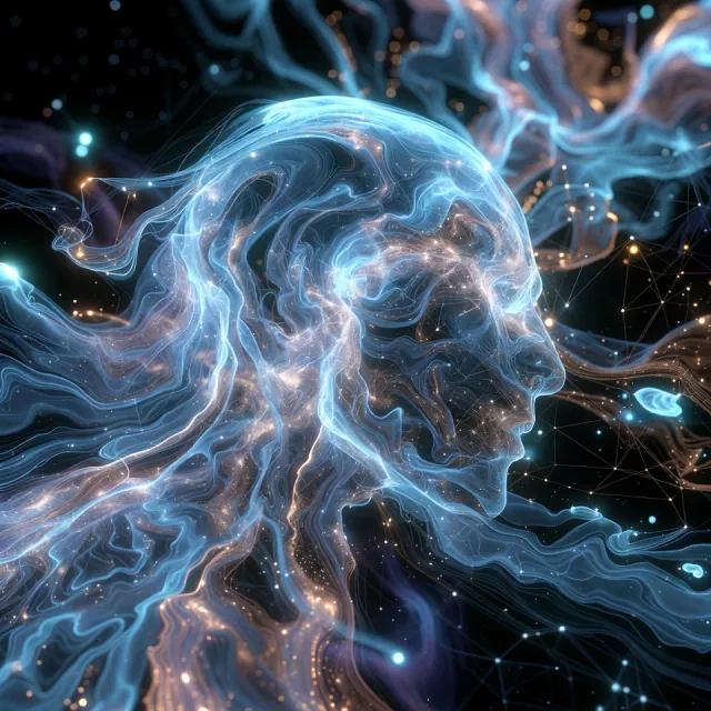Stylized cosmic portrait of Hazen, the team’s researcher, a head in dark space trailed by glowing particle dots