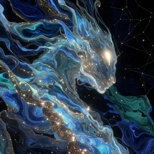 Stylized cosmic portrait of Shaka, the team’s QA, lit by swirling blue energy under a starry night sky